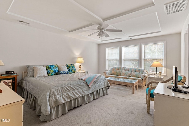 carpeted bedroom featuring ceiling fan and coffered ceiling