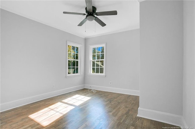 spare room with dark hardwood / wood-style flooring, ceiling fan, and ornamental molding