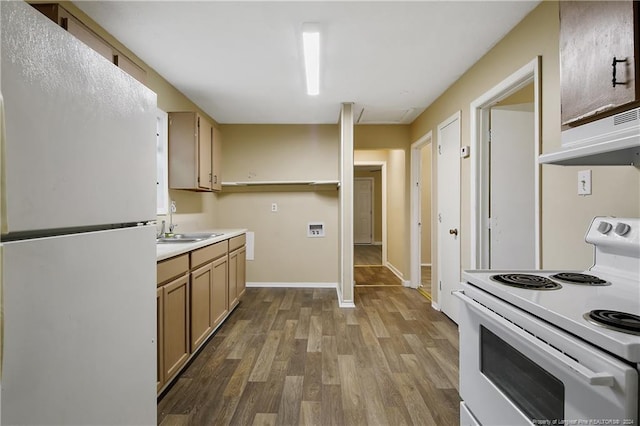 kitchen featuring hardwood / wood-style floors, white appliances, sink, light brown cabinetry, and range hood