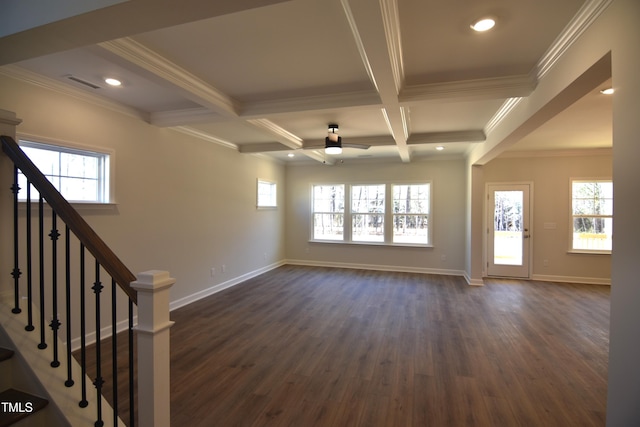 unfurnished living room with dark wood-type flooring, beam ceiling, coffered ceiling, and stairs