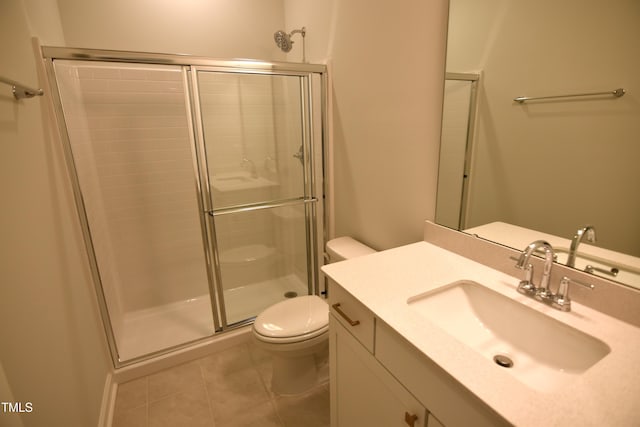 full bath with vanity, tile patterned flooring, a shower stall, and toilet