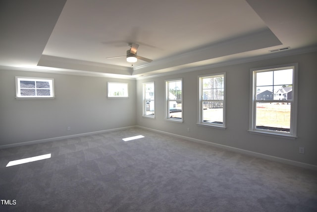 carpeted spare room with a tray ceiling, visible vents, and baseboards