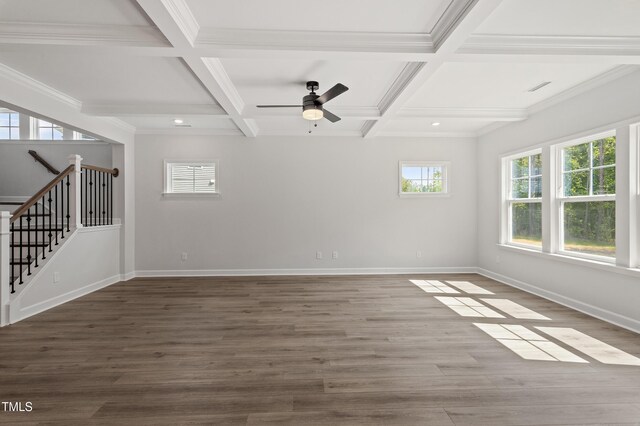 35 Accord Dr, Youngsville, NC 27596 - empty room featuring coffered ceiling, a ceiling fan, baseboards, beamed ceiling, and wood finished floors