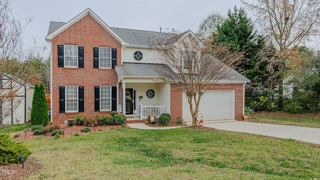 view of front of property with covered porch, a garage, and a front lawn