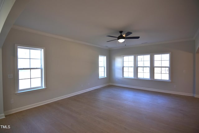 spare room with ornamental molding and dark wood-type flooring