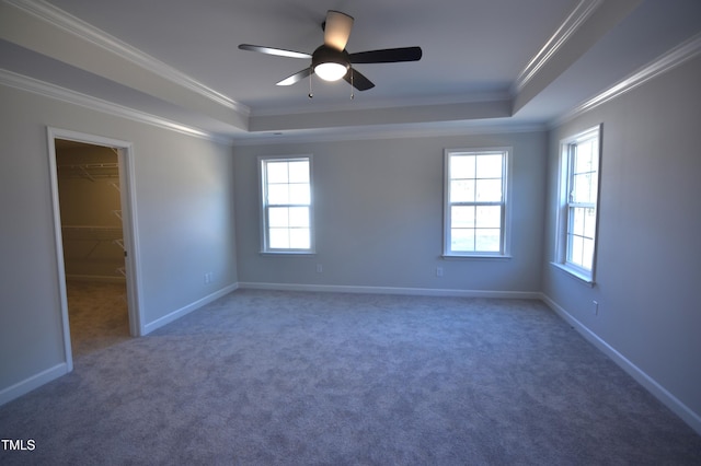 carpeted empty room featuring ornamental molding, a tray ceiling, and a healthy amount of sunlight