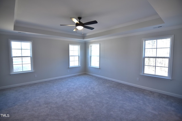 empty room with a tray ceiling, carpet, crown molding, a ceiling fan, and baseboards