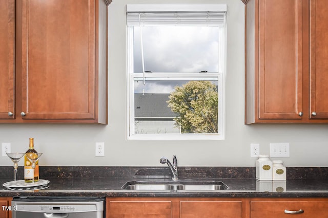 kitchen with dishwasher, dark stone countertops, and sink