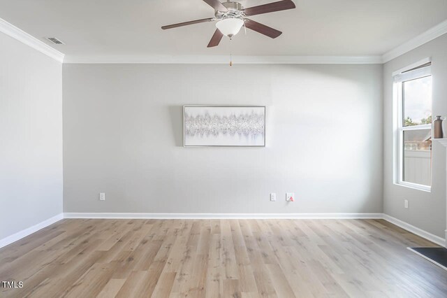 spare room with ceiling fan, light hardwood / wood-style flooring, and ornamental molding