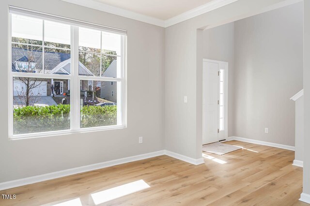 foyer featuring crown molding and light hardwood / wood-style floors