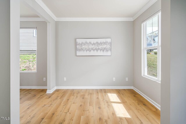 empty room with a healthy amount of sunlight, light hardwood / wood-style floors, and crown molding