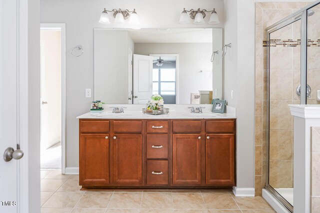 bathroom featuring tile patterned flooring, vanity, ceiling fan, and an enclosed shower