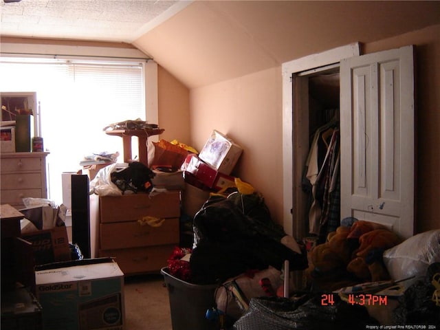 bedroom featuring carpet, a textured ceiling, and lofted ceiling