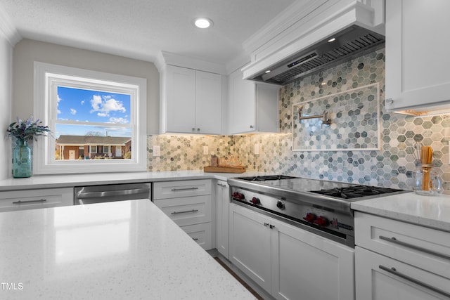 kitchen with appliances with stainless steel finishes, tasteful backsplash, white cabinets, light stone counters, and wall chimney exhaust hood