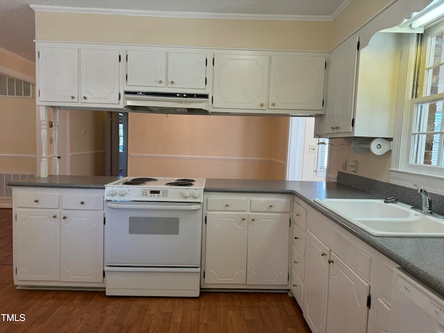 kitchen featuring hardwood / wood-style flooring, white cabinetry, white appliances, and sink