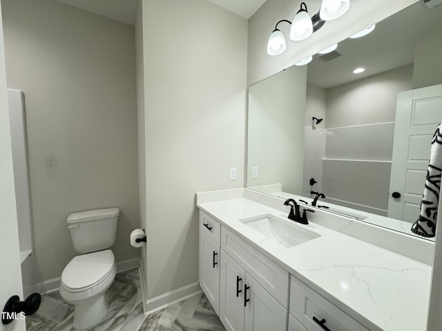 full bath featuring visible vents, toilet, baseboards, walk in shower, and vanity