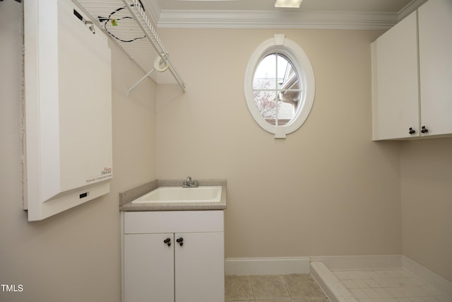 interior space featuring tile patterned flooring, vanity, and ornamental molding