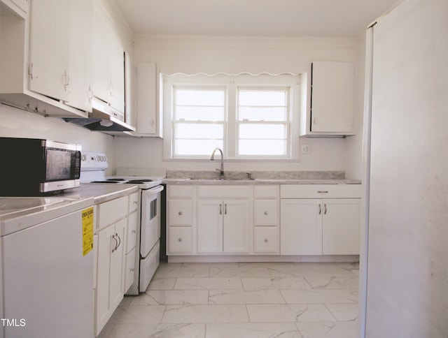 kitchen featuring electric range, sink, white cabinets, and crown molding