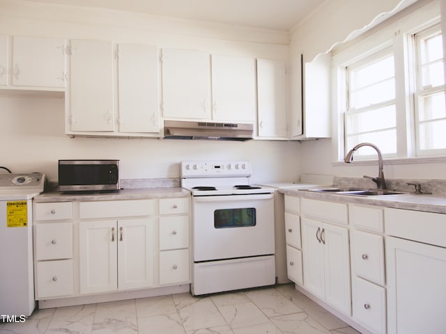 kitchen with washer / dryer, sink, white cabinets, and white electric stove