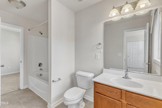 full bathroom featuring tile patterned flooring, vanity, bathing tub / shower combination, and toilet