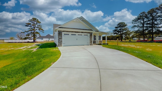 1407 Stoney Creek Church Rd, Goldsboro, NC 27534 - craftsman-style home featuring a front yard, stone siding, concrete driveway, and a garage