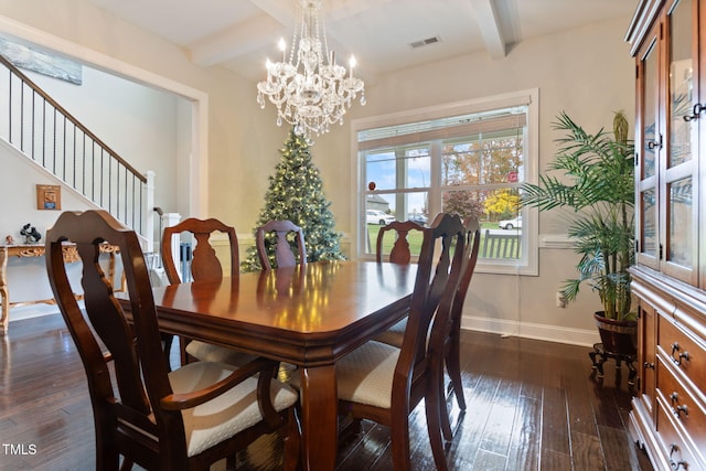 dining area featuring beamed ceiling, a chandelier, and dark wood-type flooring