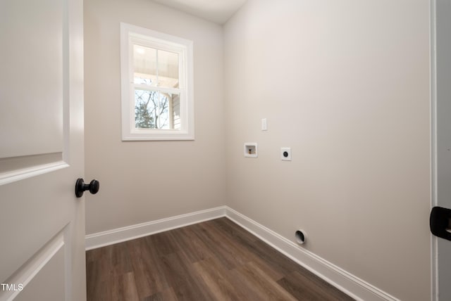 laundry area featuring hookup for an electric dryer, laundry area, washer hookup, baseboards, and dark wood-style floors