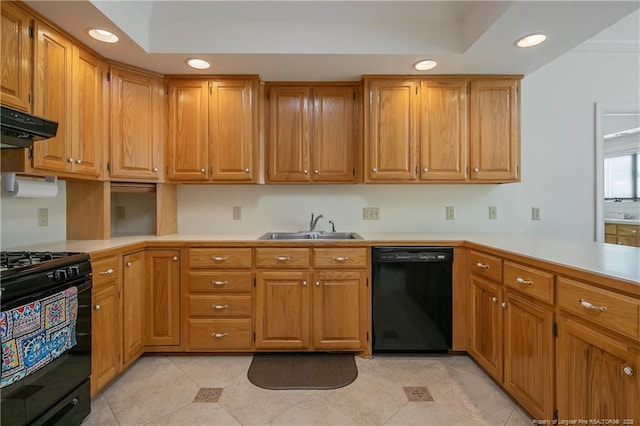 kitchen with kitchen peninsula, ornamental molding, ventilation hood, sink, and black appliances