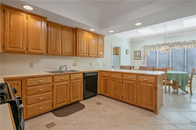 kitchen featuring dishwasher, stove, an inviting chandelier, decorative light fixtures, and kitchen peninsula