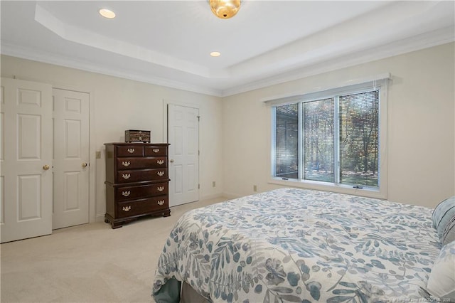 carpeted bedroom with a raised ceiling and ornamental molding