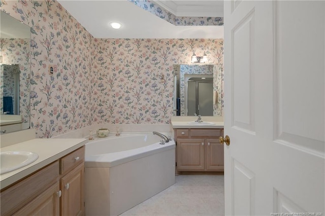 bathroom with tile patterned floors, plus walk in shower, vanity, and ornamental molding