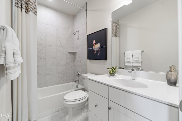 full bathroom with vanity, toilet, and shower / bath combo with shower curtain