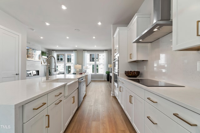 kitchen featuring appliances with stainless steel finishes, wall chimney exhaust hood, sink, white cabinets, and light hardwood / wood-style floors