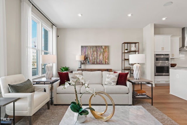 living room with light hardwood / wood-style flooring and a wealth of natural light