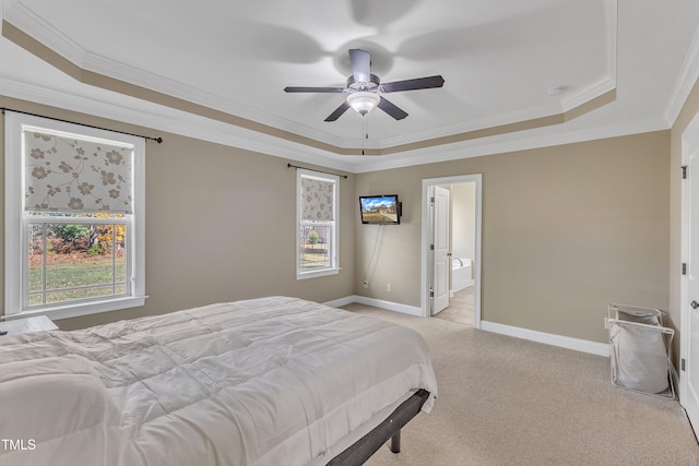 carpeted bedroom featuring ensuite bathroom, ceiling fan, multiple windows, and a tray ceiling