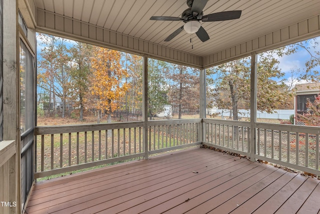 unfurnished sunroom featuring ceiling fan and wooden ceiling