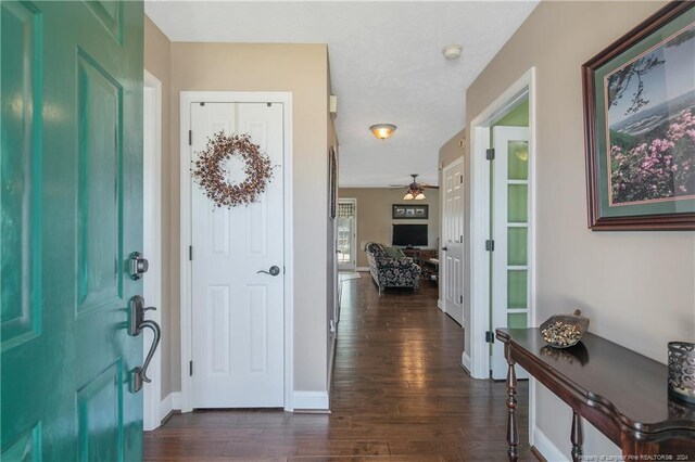 foyer entrance featuring dark hardwood / wood-style floors and ceiling fan