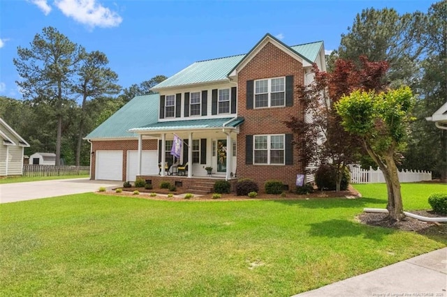 view of front of house featuring metal roof, driveway, covered porch, and fence