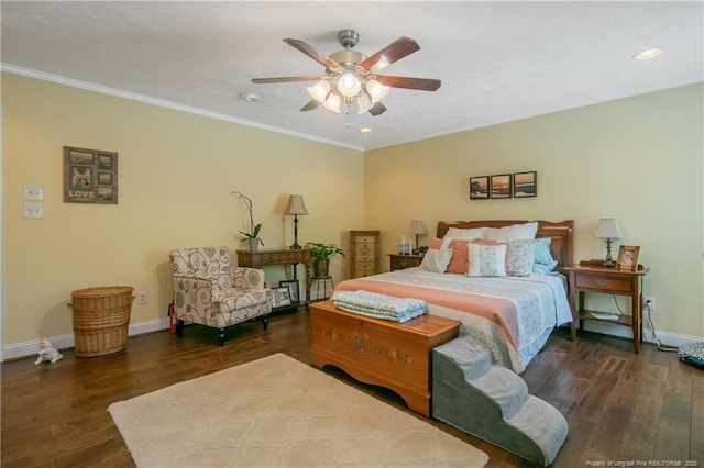 bedroom featuring baseboards, recessed lighting, ornamental molding, wood finished floors, and a ceiling fan