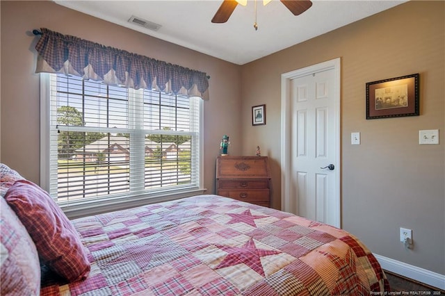 bedroom featuring visible vents, ceiling fan, and baseboards