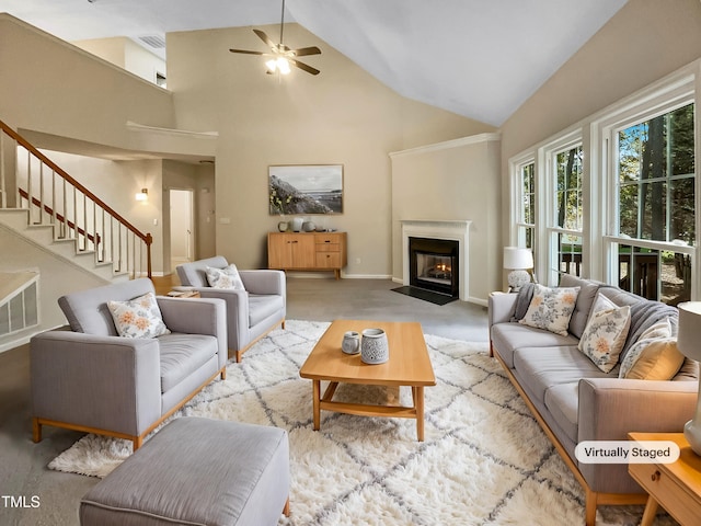 living room with ceiling fan, light carpet, and high vaulted ceiling