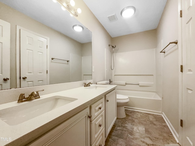 full bathroom with vanity, toilet, and shower / washtub combination