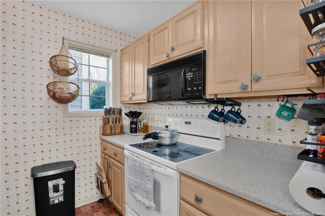 kitchen with light brown cabinets and electric stove