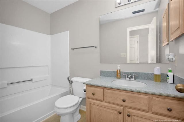 full bathroom featuring vanity, shower / bath combination, and toilet