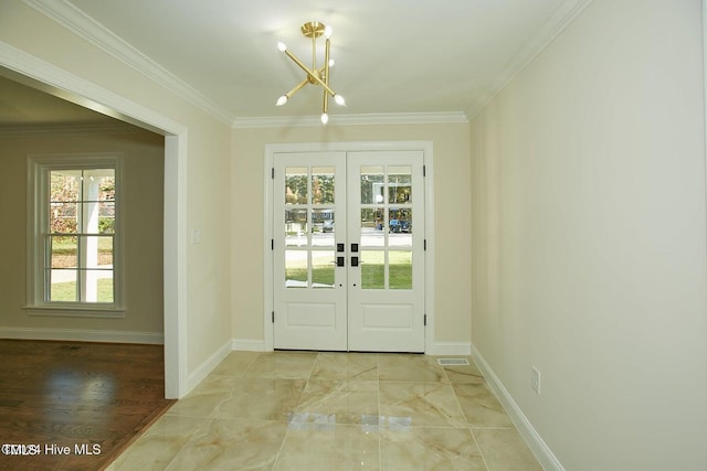 doorway featuring a notable chandelier, light wood-type flooring, crown molding, and french doors