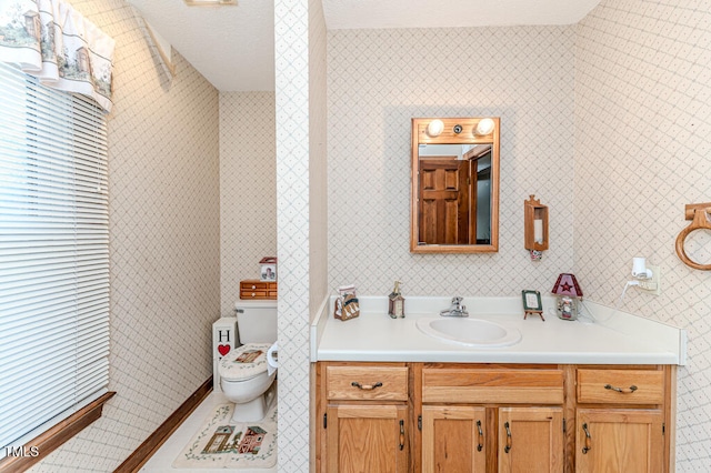 bathroom with vanity, a textured ceiling, and toilet