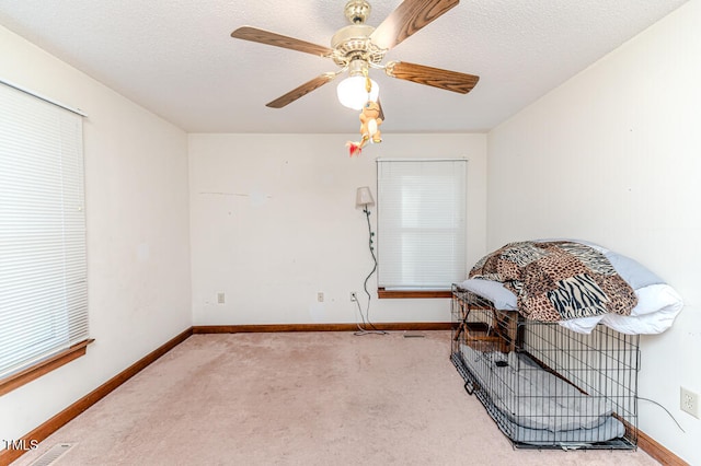 living area with carpet flooring, ceiling fan, and a textured ceiling