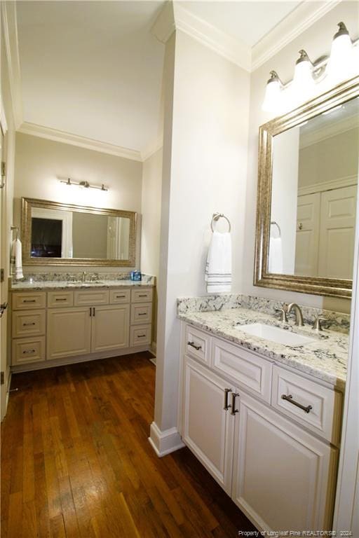 bathroom with wood-type flooring, vanity, and ornamental molding