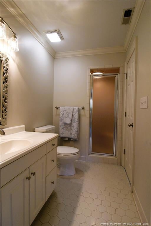 bathroom featuring vanity, toilet, walk in shower, and ornamental molding