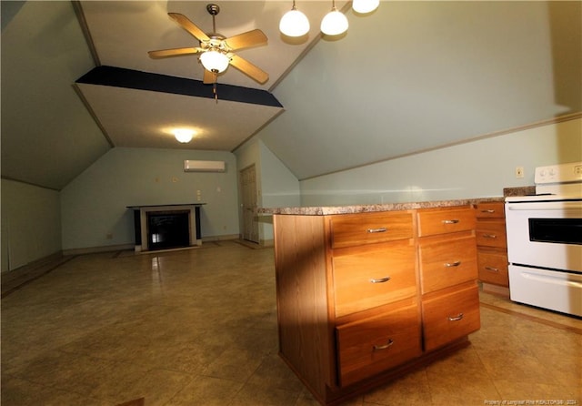 kitchen with lofted ceiling, white stove, an AC wall unit, ceiling fan, and decorative light fixtures